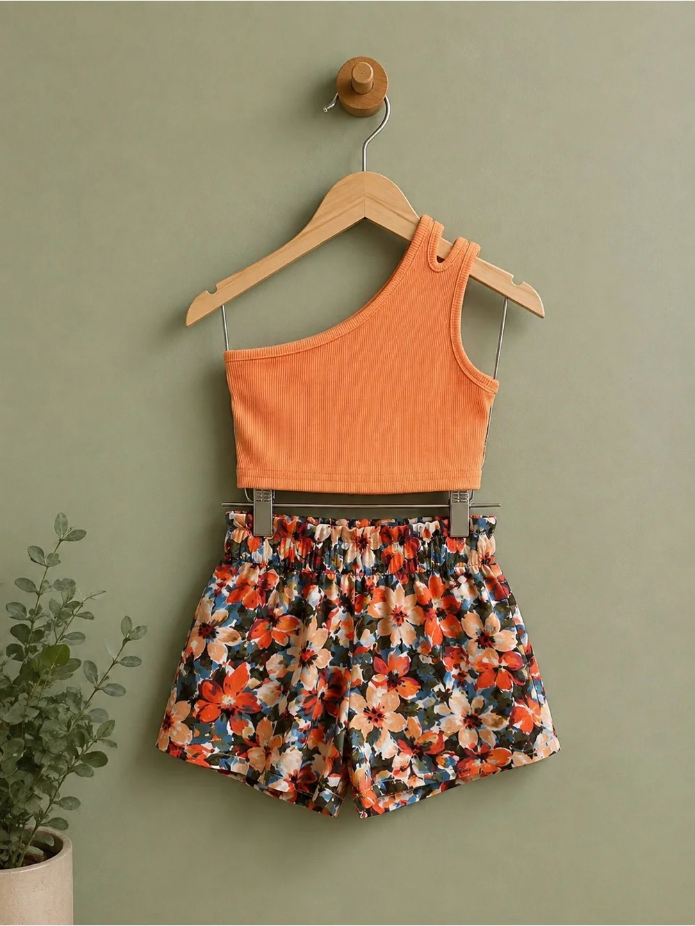 Baby Girl 12–18M Peach One-Shoulder Top & Floral Shorts Set